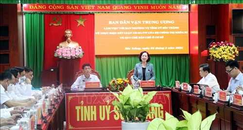 Trưởng ban Dân vận Trung ương Trương Thị Mai làm việc tại tỉnh Sóc Trăng
